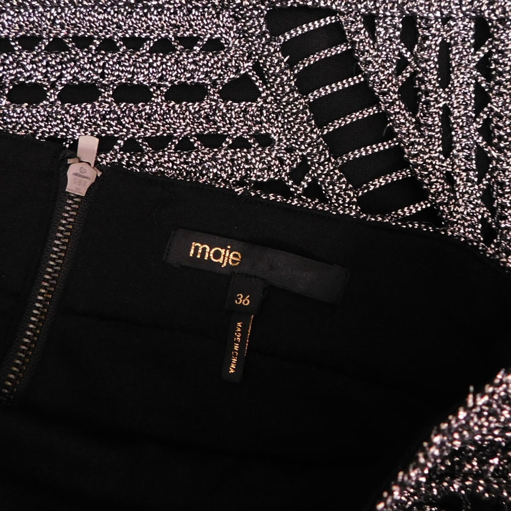 MAJE Black Silver Metallic Bandage Skirt Black Mini Fitted Party Glam 36 / Small