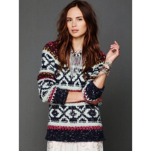 FREE PEOPLE Silver Reed Chunky Knit Fairisle Fair Isle Sweater Wool Linen Small
