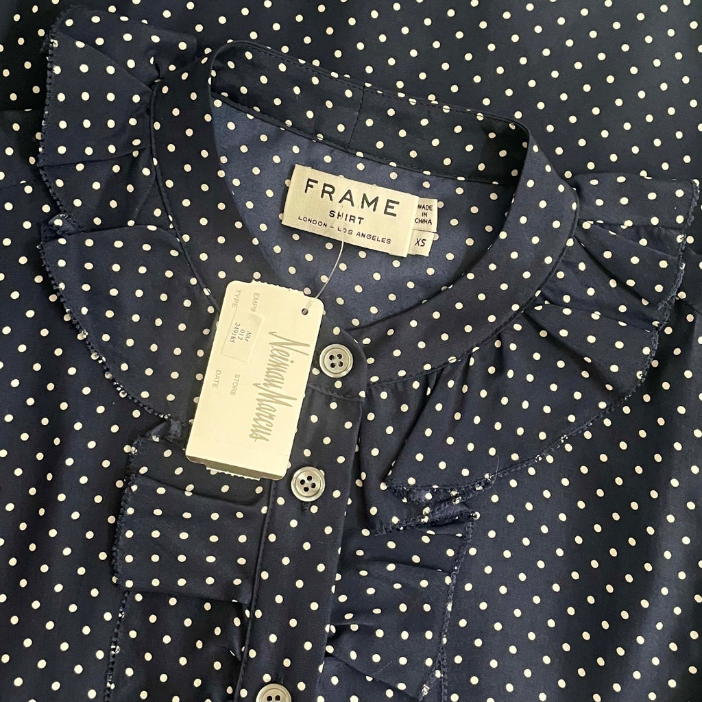 NWT!! FRAME Denim Silk Polka Dot Top Blouse Sleeveless Ruffled Coquette X-Small