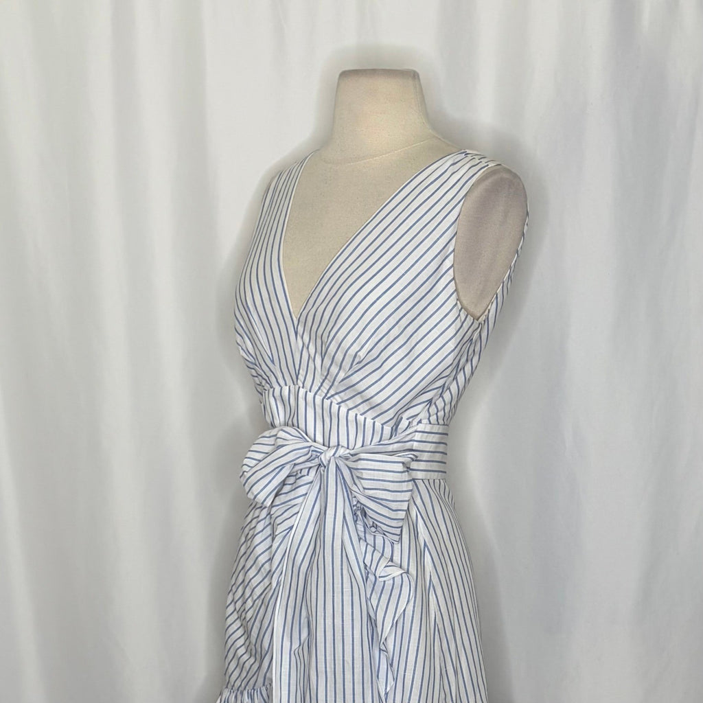 REBECCA TAYLOR Sleeveless Stripe Linen Wrap Dress Ruffle White Milk Blue Sky 4