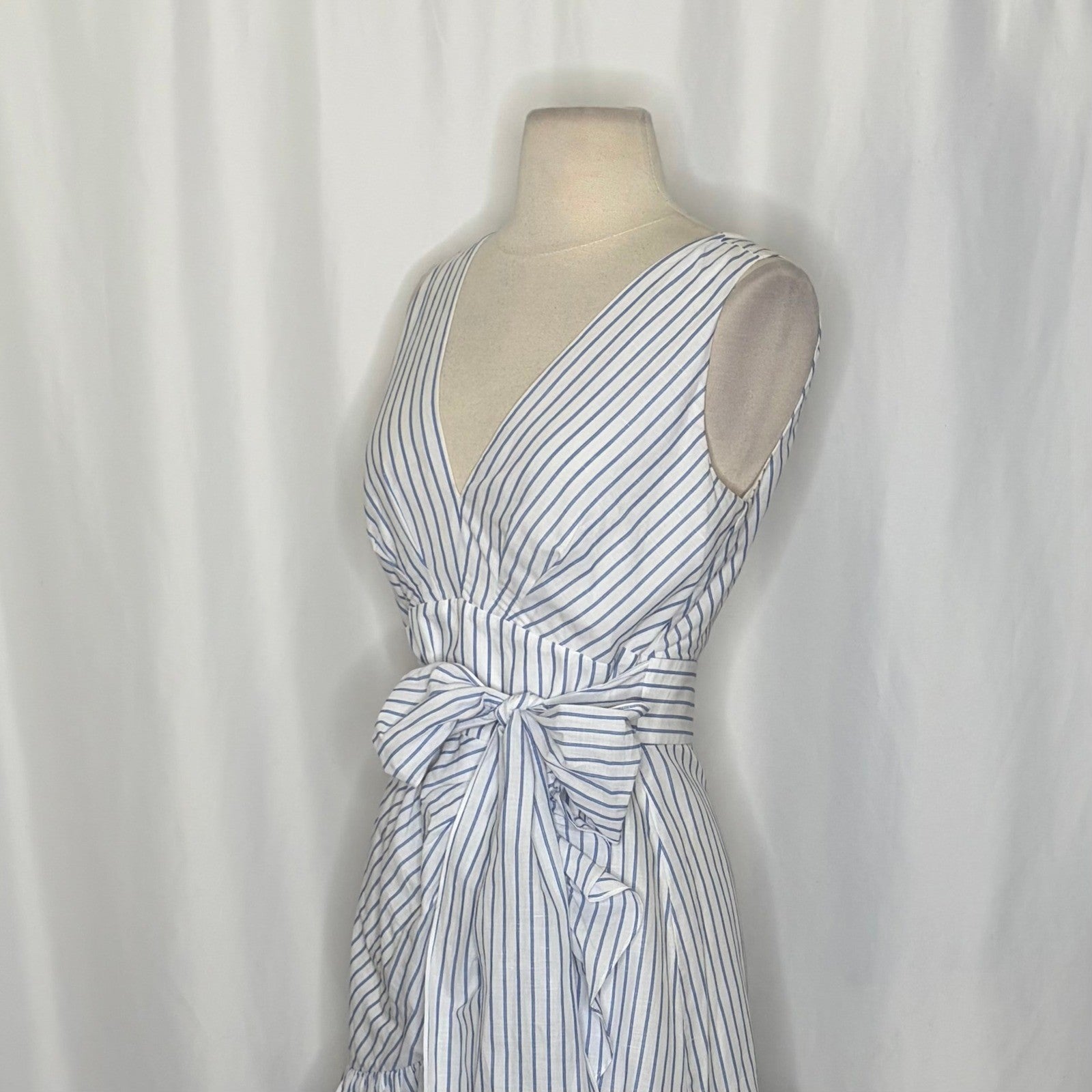 REBECCA TAYLOR Sleeveless Stripe Linen Wrap Dress Ruffle White Milk Blue Sky 4