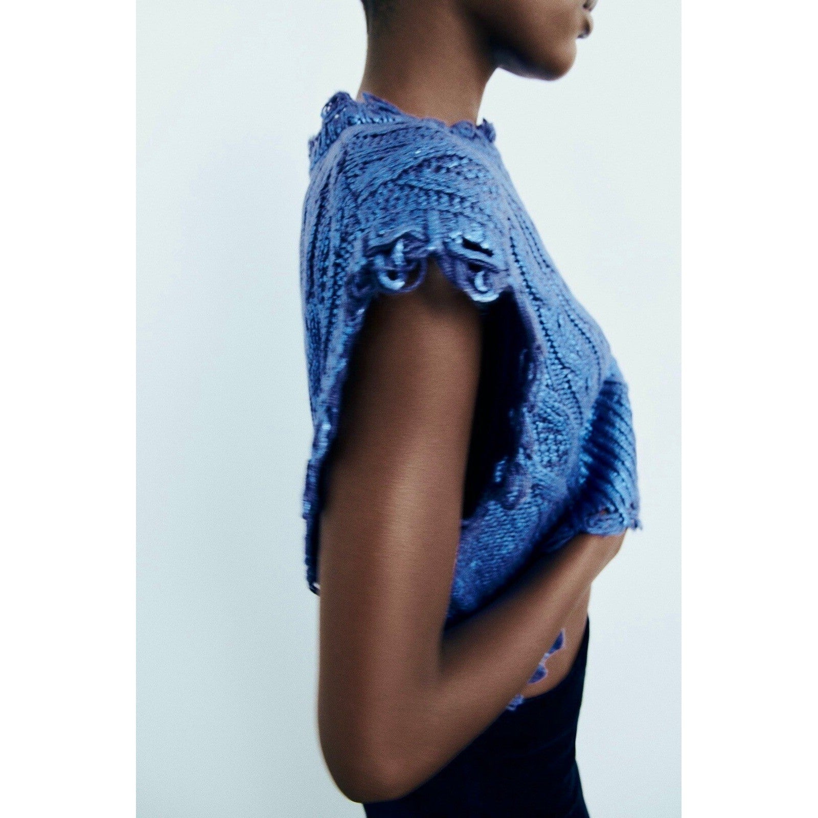 ZARA Metallic Blue Cropped Sweater Cableknit Distressed Cable Knit Crop Small