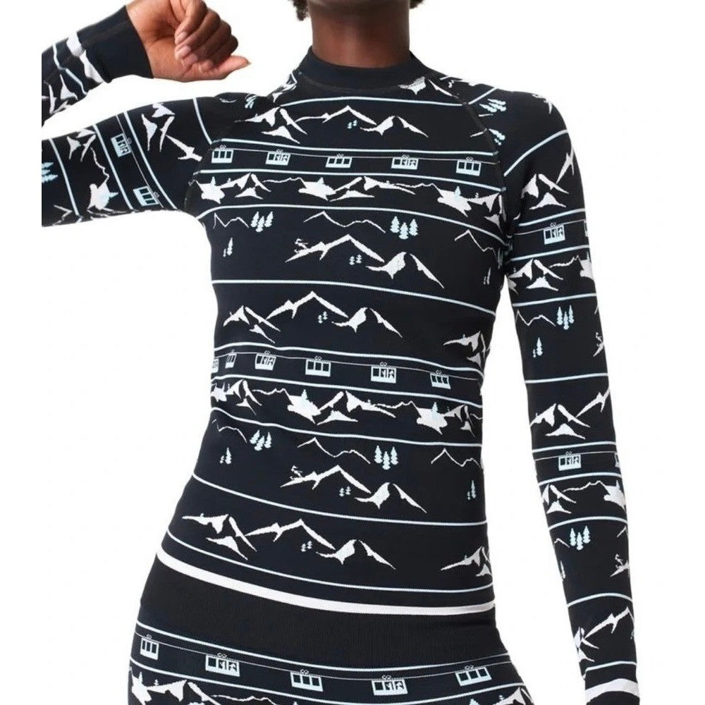 SWEATY BETTY Ski Lift Base Layer Jacquard Navy Blue Sporty Top Shirt Large