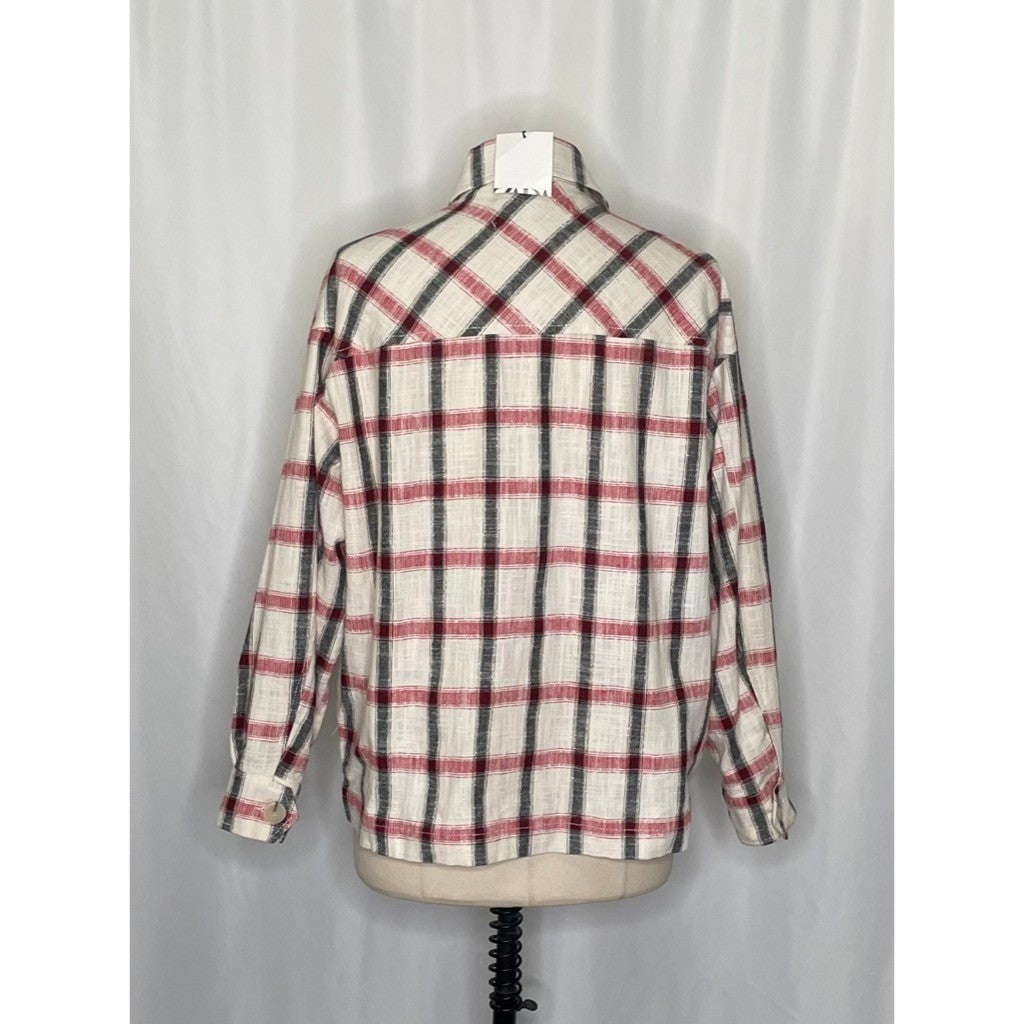 NWT!! ZARA Plaid Oversized Buttondown Shirt Red White Black Pockets Retro Small