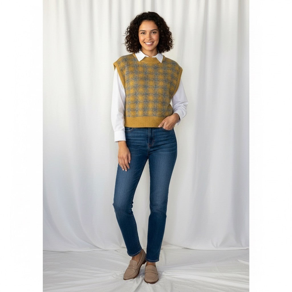 ZARA Chunky Wool Sweater Vest Plaid Star Pattern Yellow Gray Academia Small