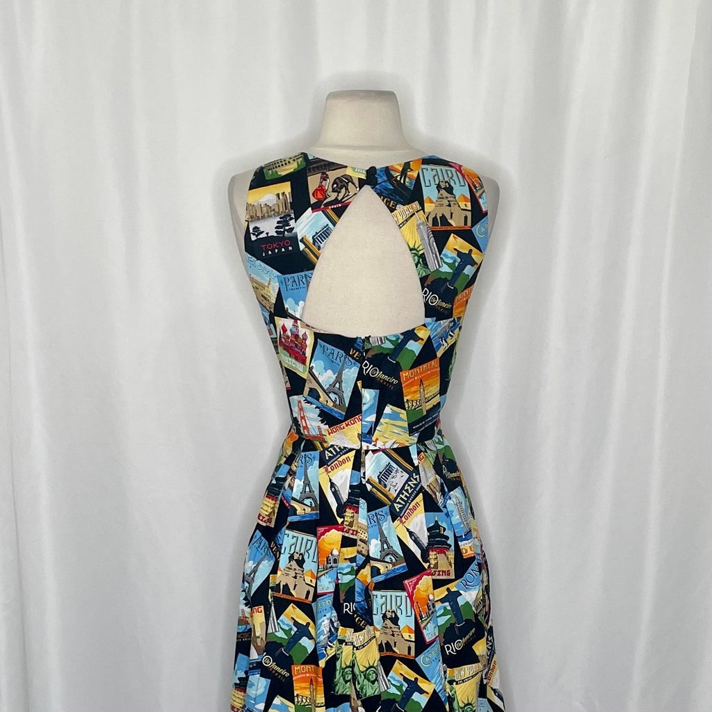 EVA FRANCO Travel Poster Jenna Dress Midi Halter Neck Colorful Pleated Pockets 6