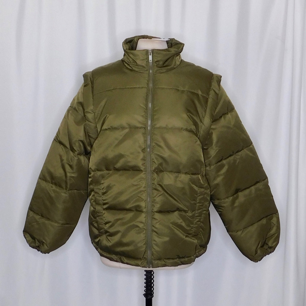 NWT!! WEWOREWHAT Zip Off Sleeve Nylon Puffer Jacket Military Olive Medium
