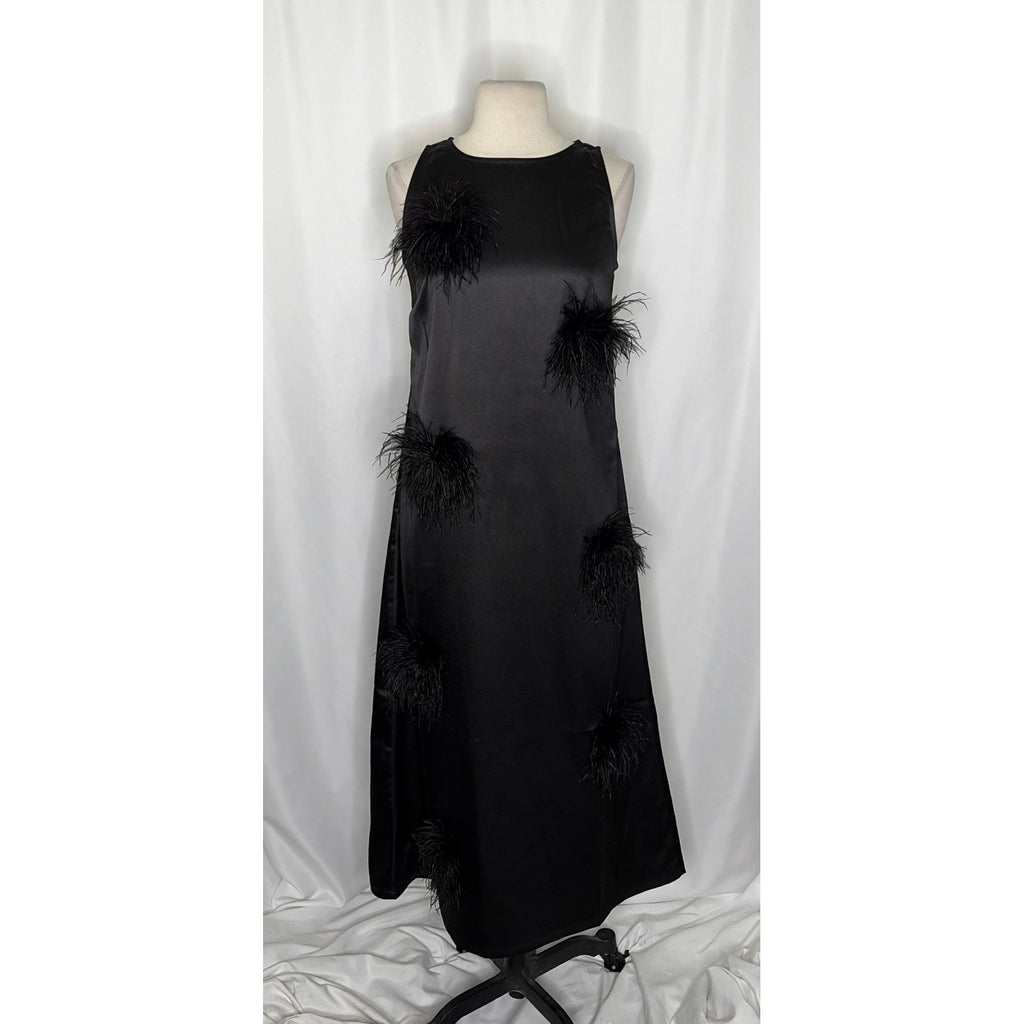 NWT!! FRANCES VALENTINE Feather Maxi Dress Solid Black Party Cocktails Small