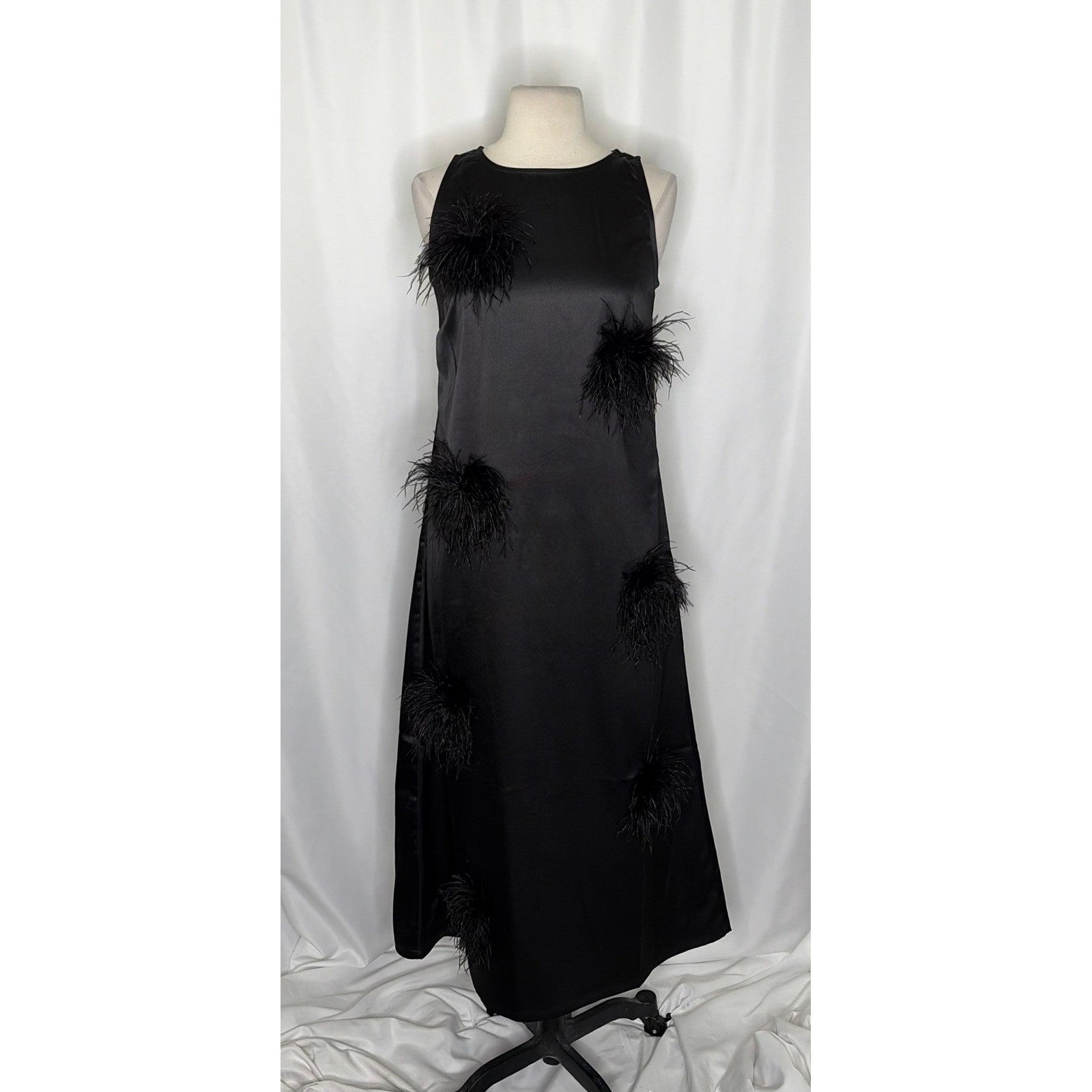 NWT!! FRANCES VALENTINE Feather Maxi Dress Solid Black Party Cocktails Small