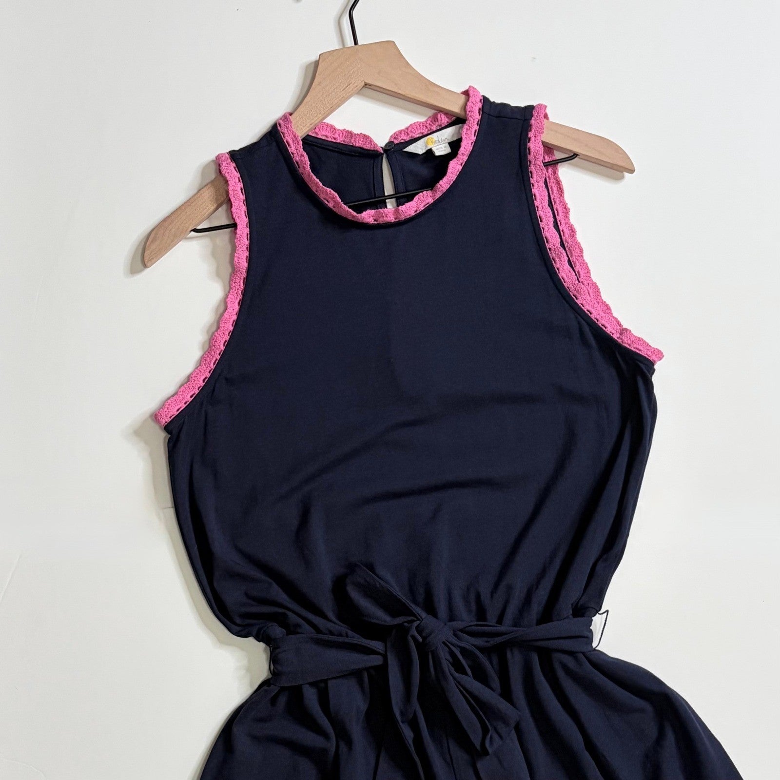 BODEN Caitlin Jersey Knit Romper Playsuit Crochet Trims Navy Blue Pink 8 Tall