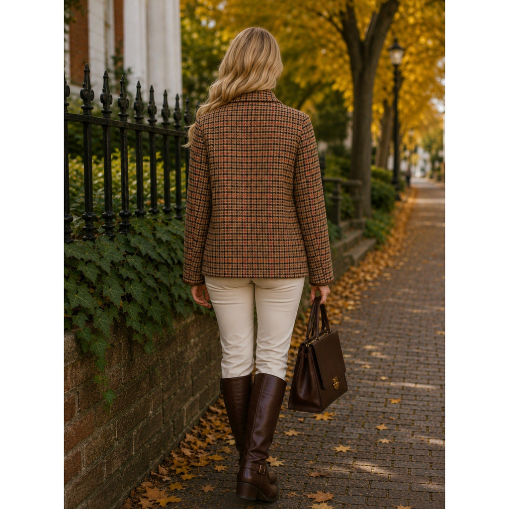 FACONNABLE Wool Plaid Jacket Coat Suede Trims Preppy Academia Swingy Medium