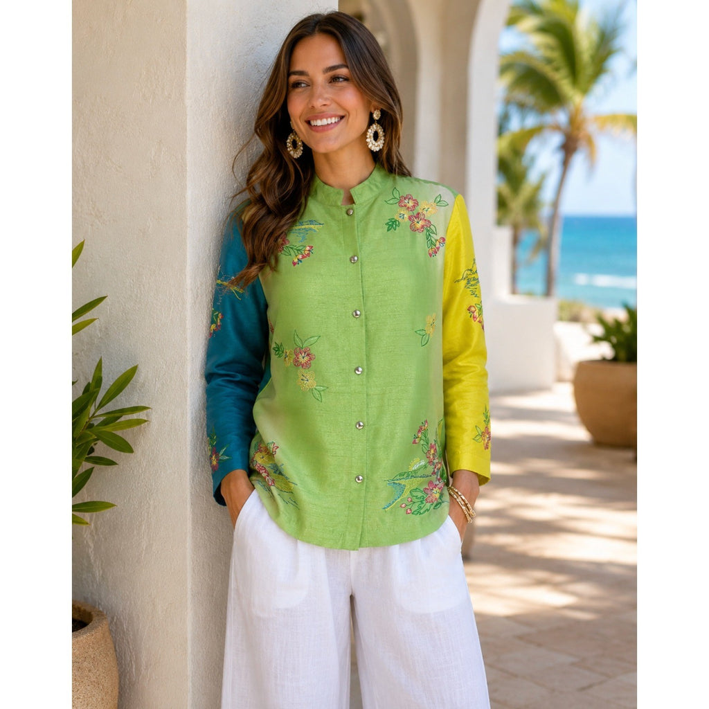 Vintage MARSH LANDING Embroidered Floral Islands Jacket Ombré Asian Medium