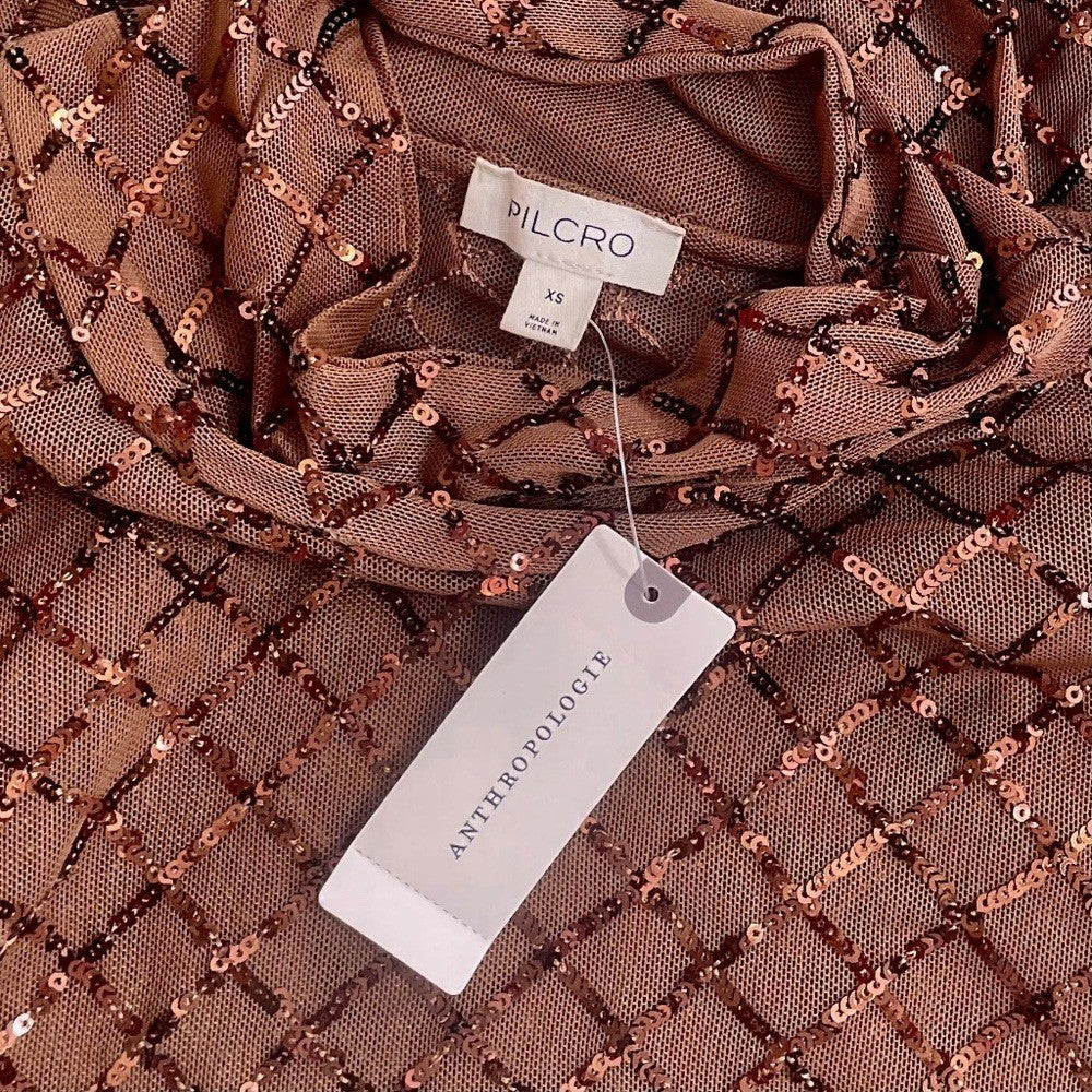 NWT!! Anthropologie PILCRO Turtleneck Sequin Top Shirt Bronze Party Glam X-Small