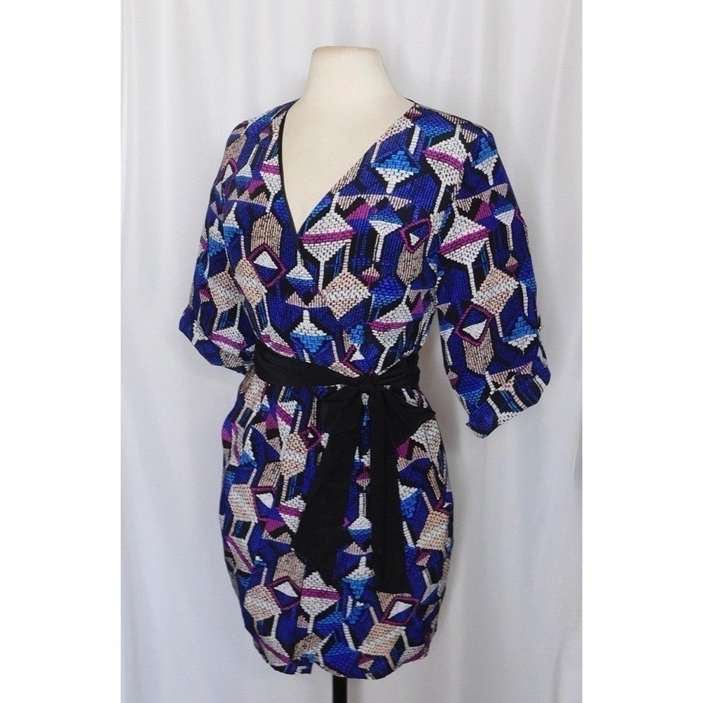 YUMI KIM Silk Faux Wrap Abstract Geometric Print Mini Dress Bright Medium