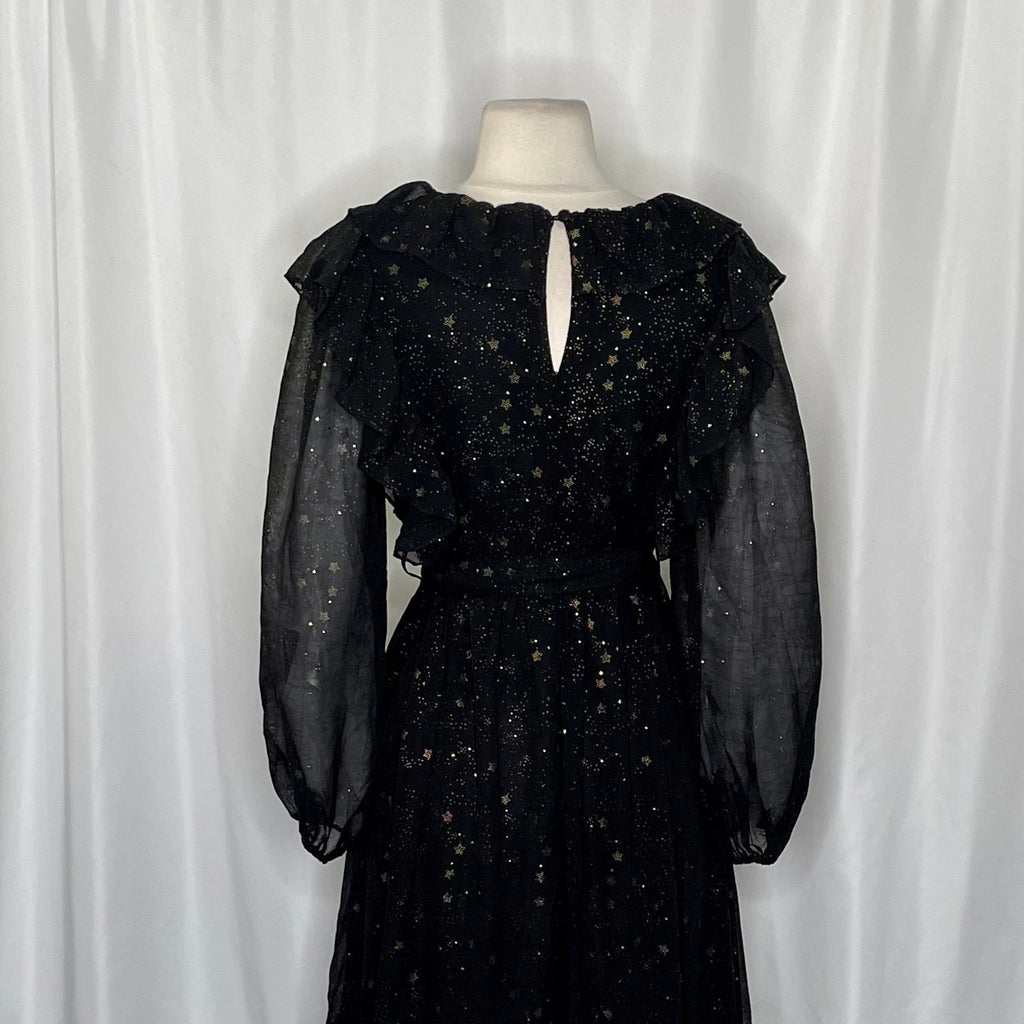 BY THE RIVER Chiffon Midi Dress Ruffled Black Gold Stars Party Glam Star Small