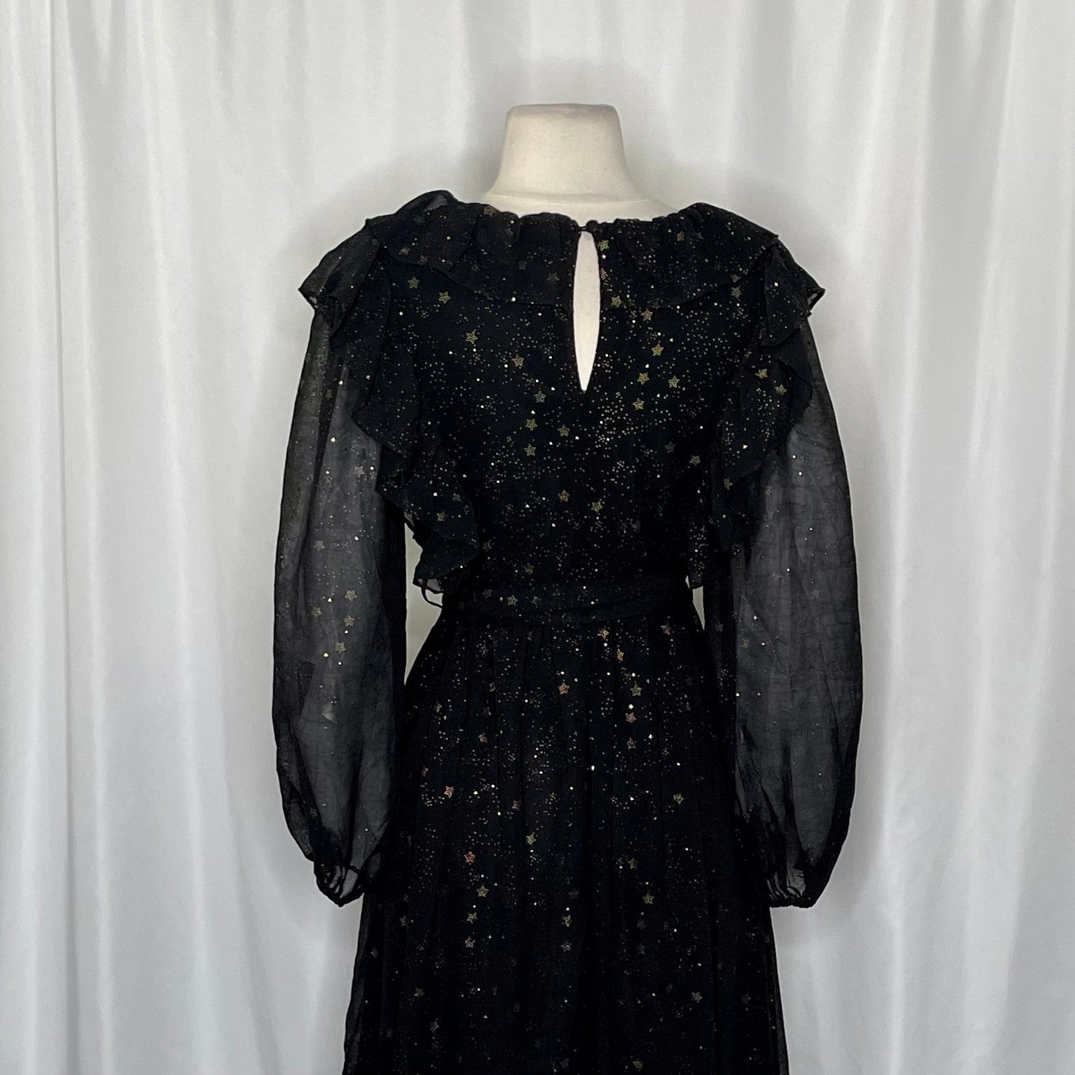 BY THE RIVER Chiffon Midi Dress Ruffled Black Gold Stars Party Glam Star Small