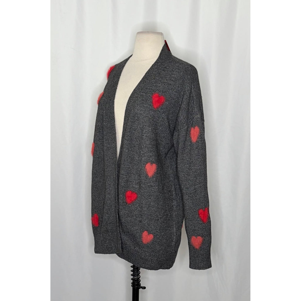 NWT!! CELEBRATE TOGETHER Heart Cardigan Sweater Grey Pink Red Hearts Large