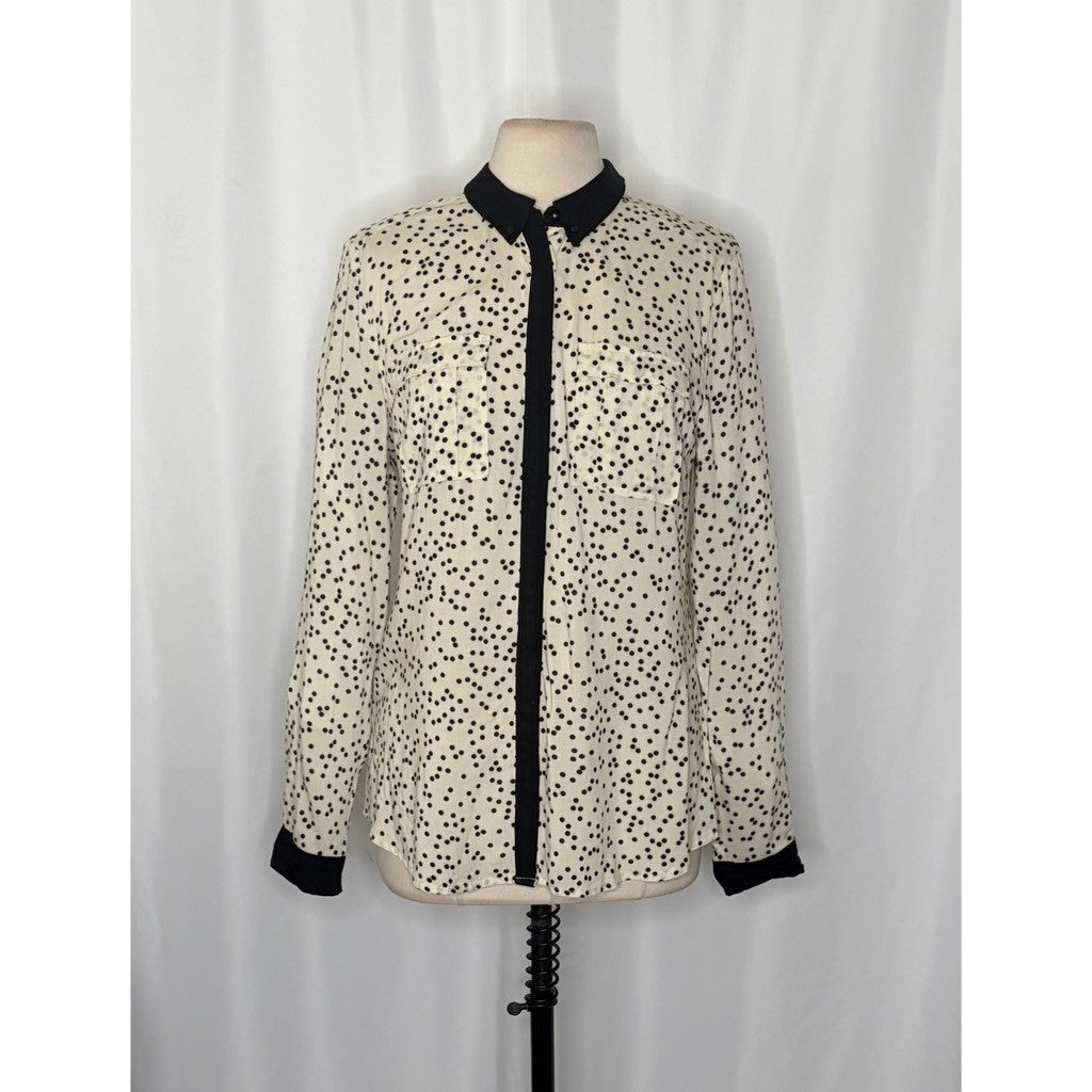 Anthropologie MAEVE Bagatelle Buttondown Shirt Ivory Black Polka Dot Pockets 10