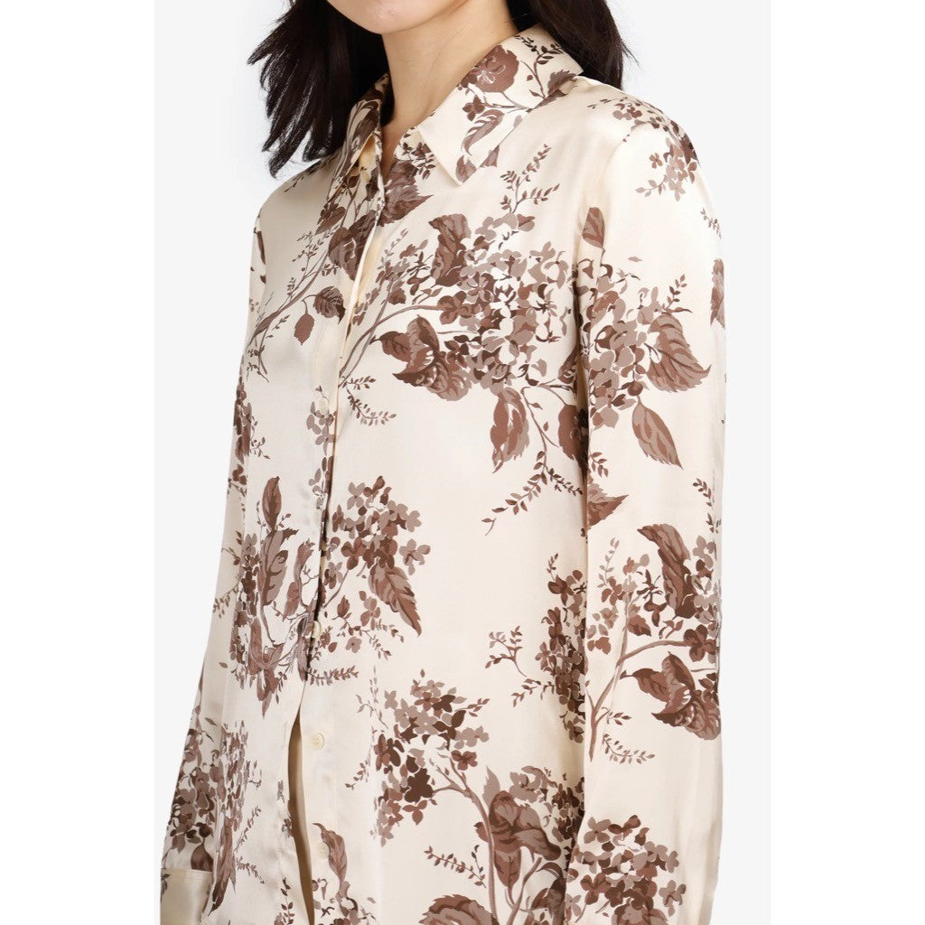 REFORMATION Silk Floral Print Blouse Top Buttondown Cream Brown Chic Large
