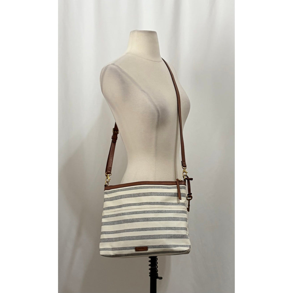 FOSSIL Fiona Blue WhiteStripe Large Crossbody Bag Purse Brown Faux Leather