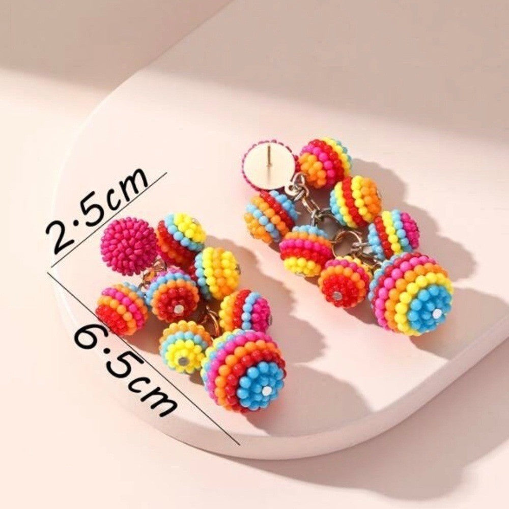 Colorful Beaded Ball Drop Earrings Multicolor Rainbow Festival Boho Resortwear