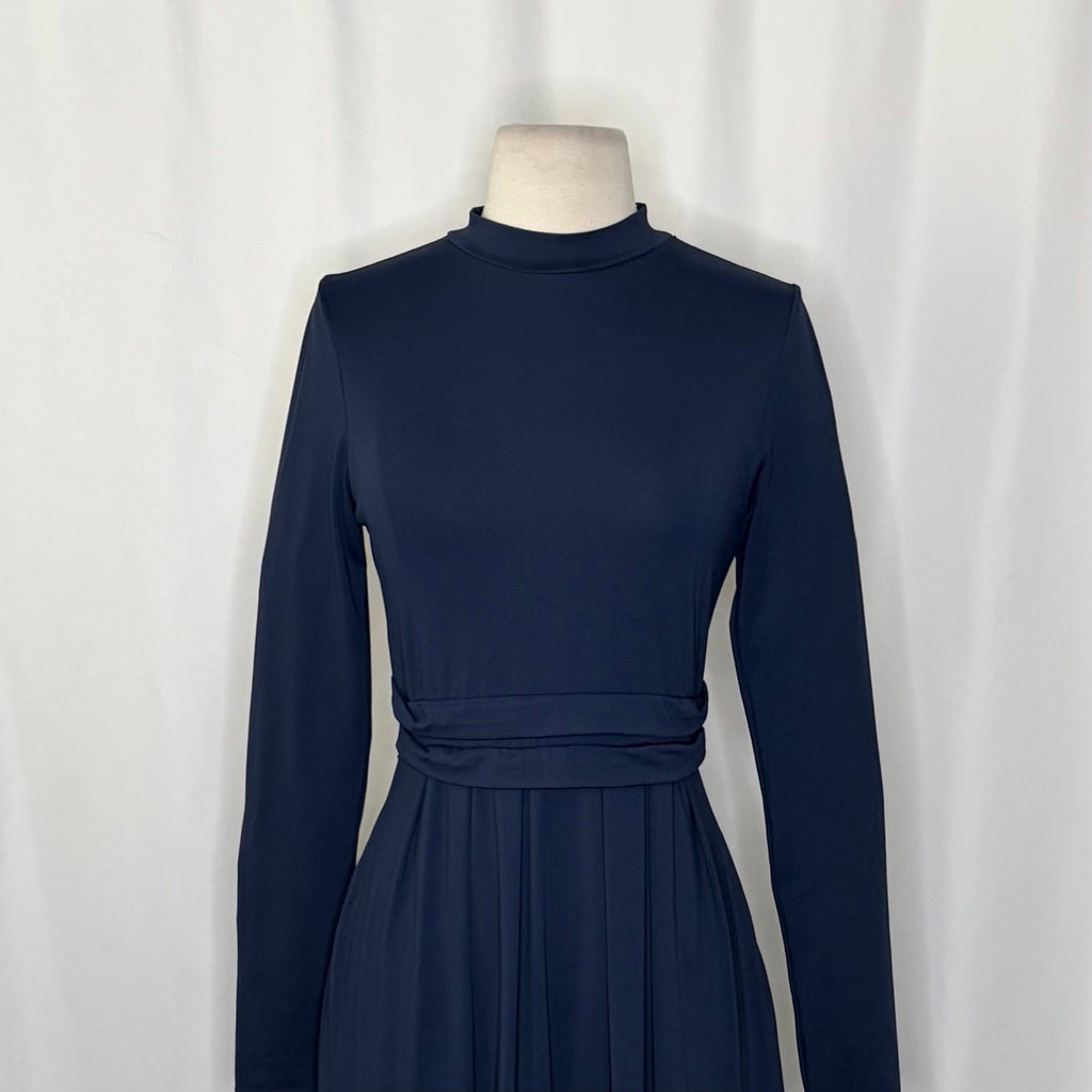 HALARA Navy Blue Mock Neck Long Sleeve Pocket Flare Maxi Casual Dress Knit XS