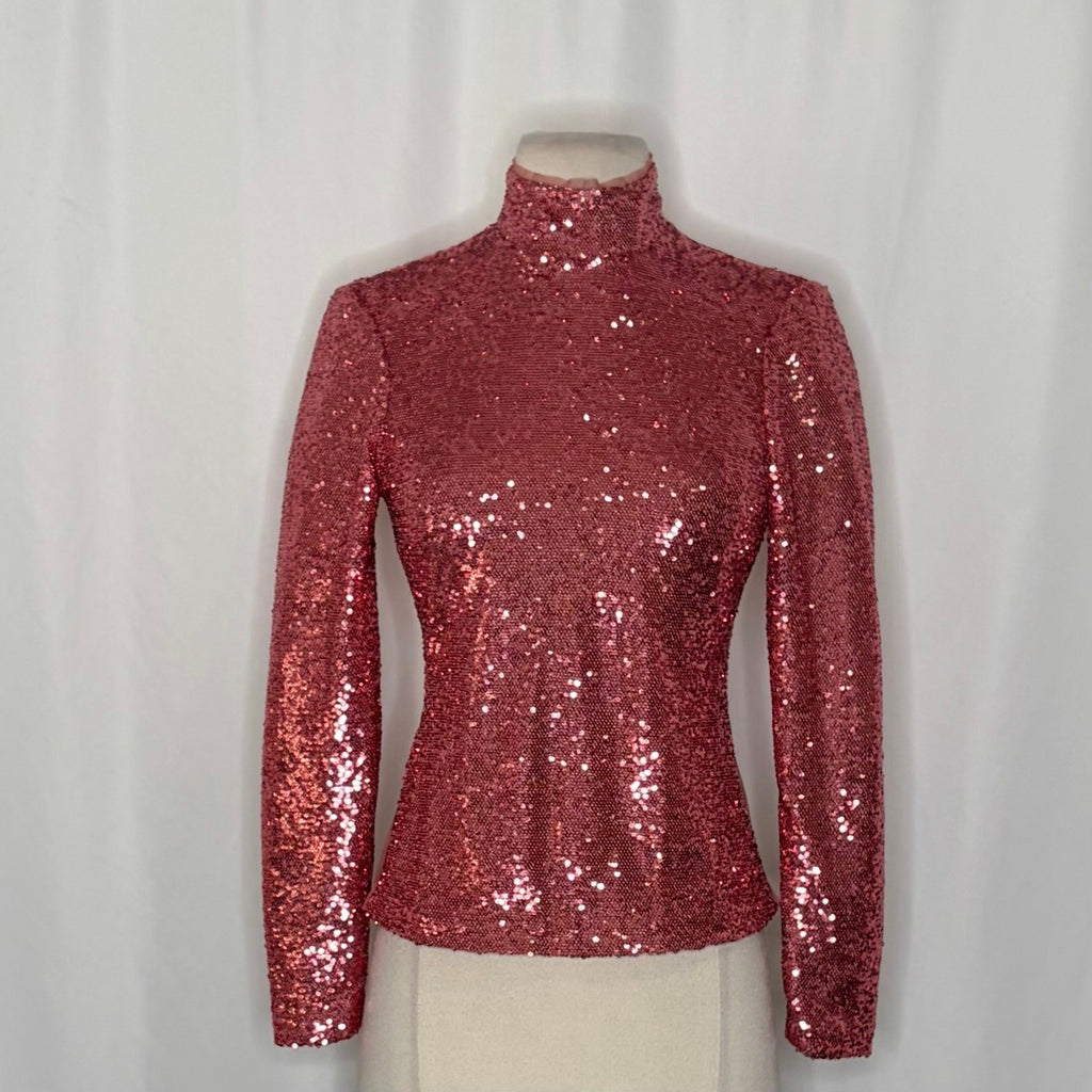 CINQ A SEPT Joan Sequin Top Blouse Rosewood Pink Mock Neck Sequinned X-Small