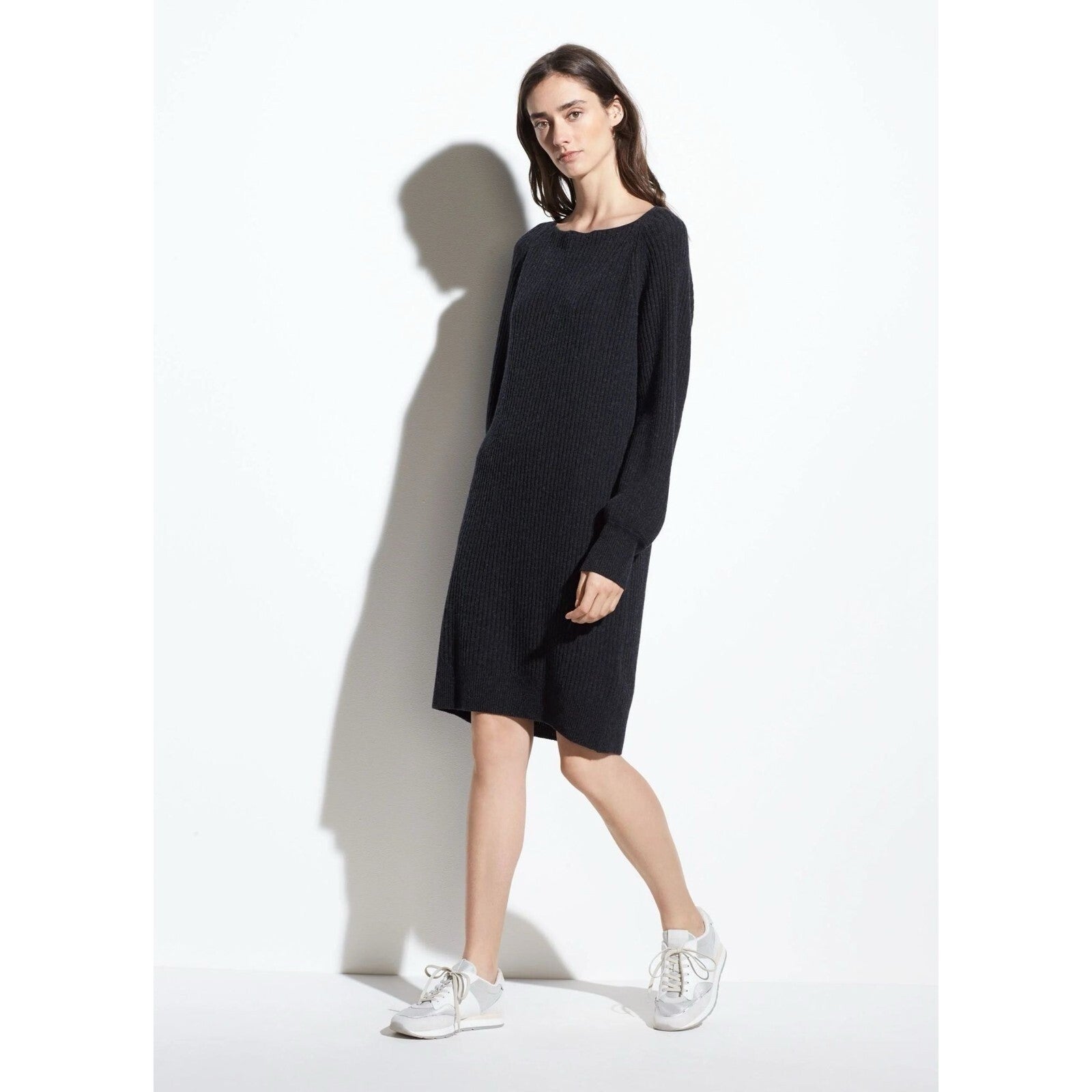 VINCE Cashmere Wool Grey Ribbed Knit Sweater Dress Raglan Sleeves Preppy Small