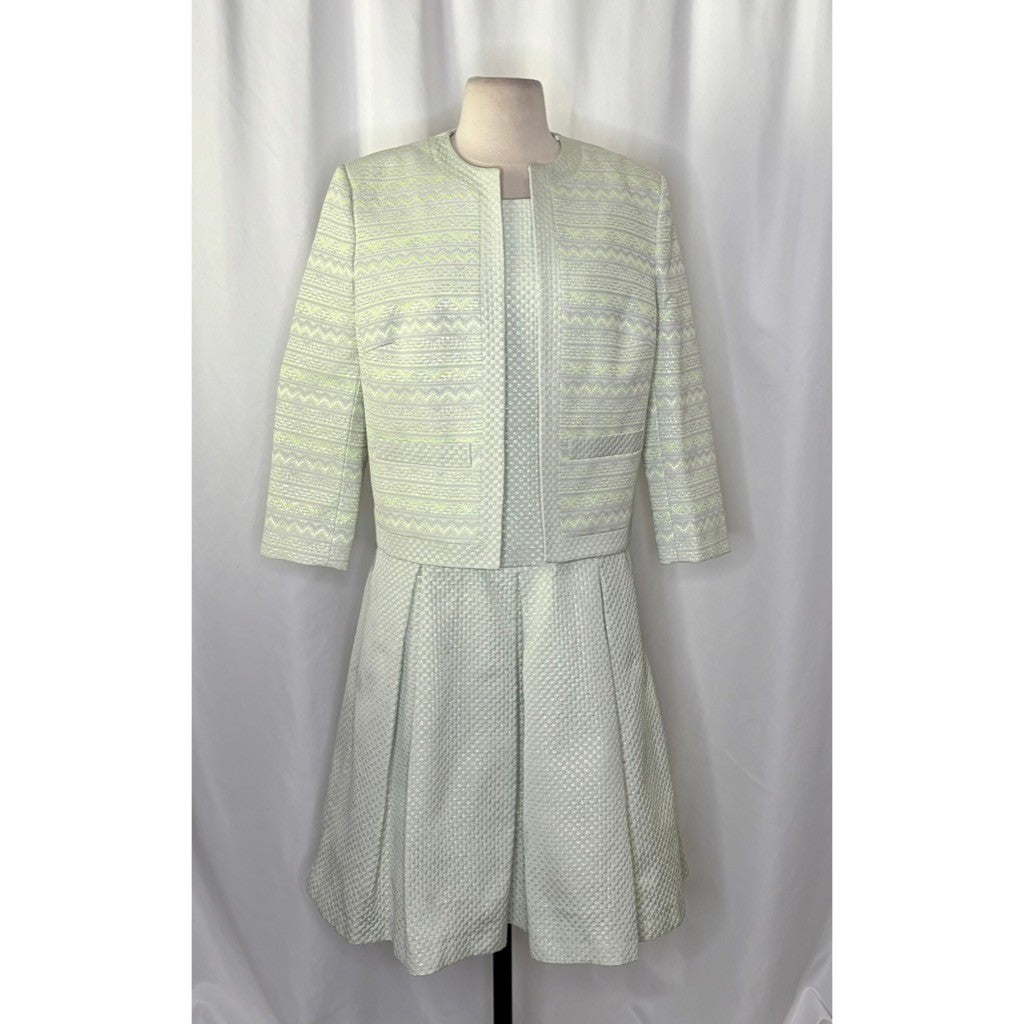 HELENE BERMAN Two Piece Set Blazer Dress Green Metallic Jacquard Size 8