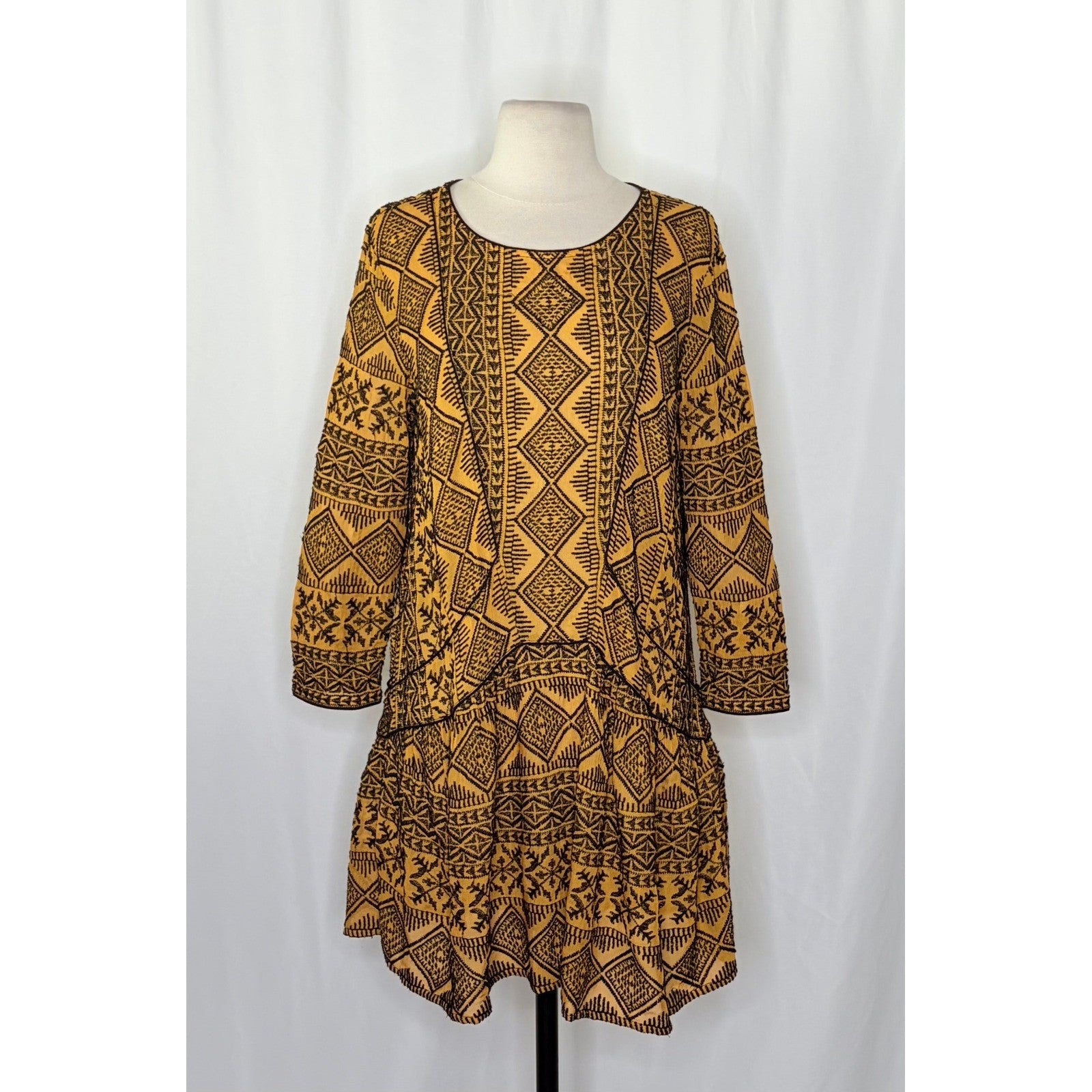 BA&SH Mara Embroidered Geometric Drop Waist Dress Golden Yellow Size 2 / Medium
