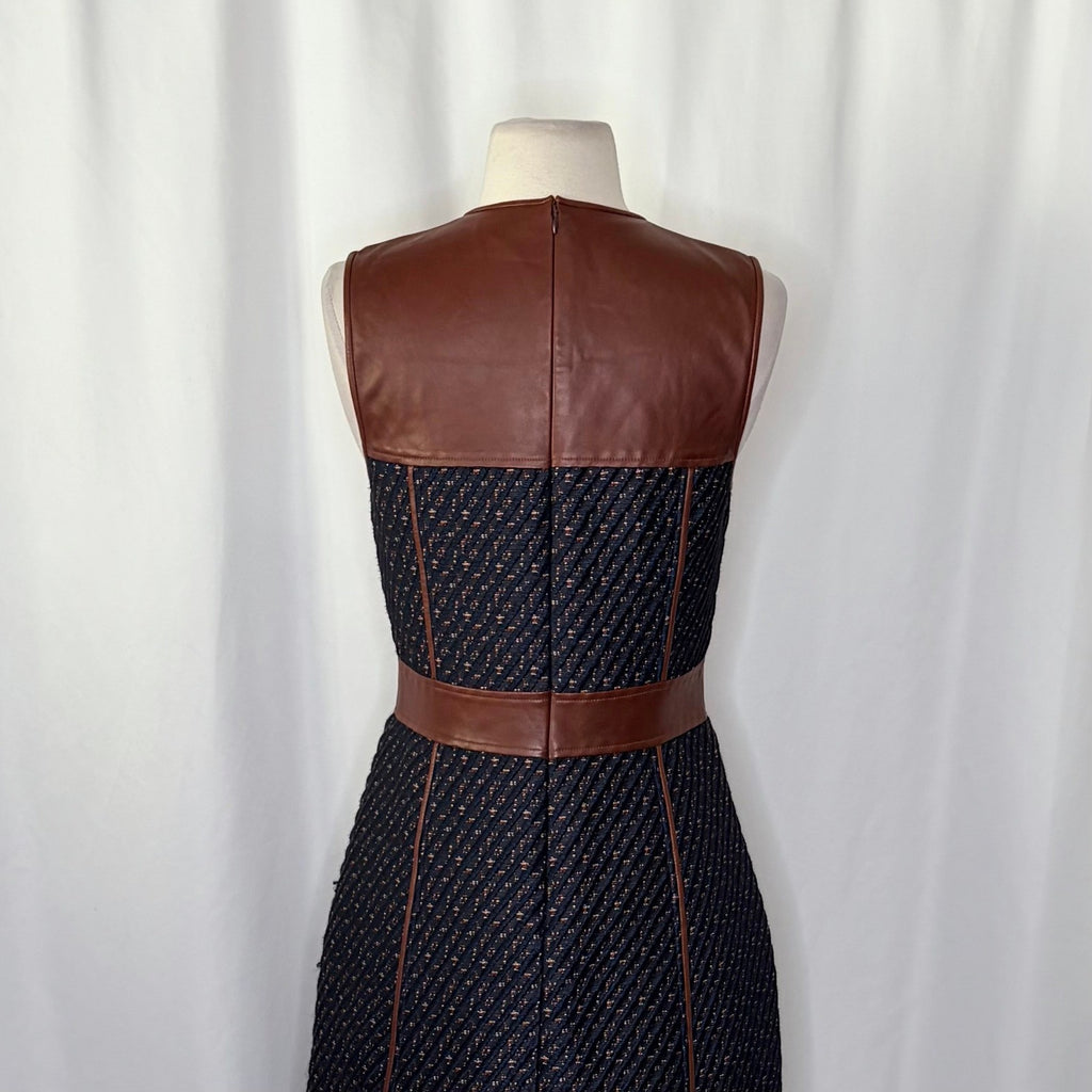 THEORY Calvino Mixed Media Tweed Lamb Leather Dress Brown Blue Fit and Flare 6