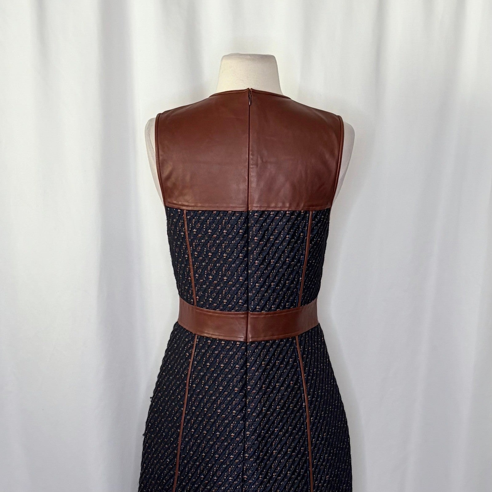 THEORY Calvino Mixed Media Tweed Lamb Leather Dress Brown Blue Fit and Flare 6