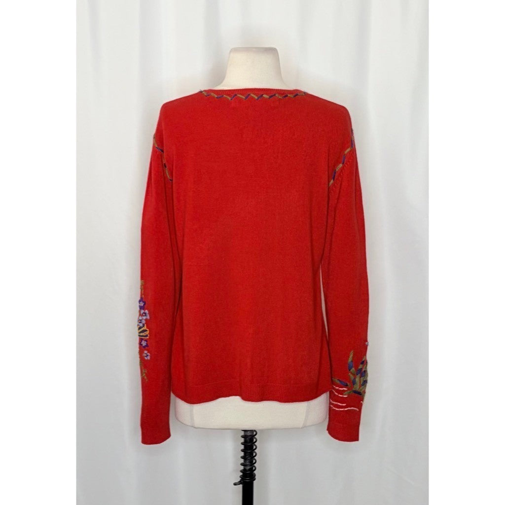 GW JEANS CO. Red Embroidered Asian Floral Cardigan Sweater Medium