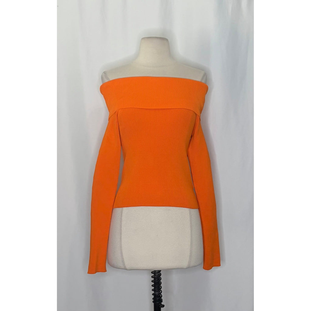 ALICE + OLIVIA Dolan Pullover Orange Blaze Knit Off The Shoulder Sweater Small