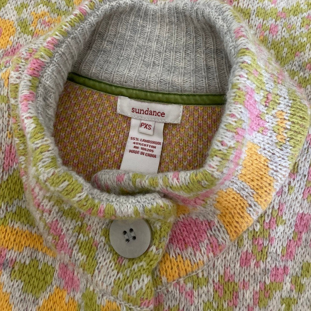 SUNDANCE Floral Longline cardigan Sweater Lambswool Mock Neck XSP X-Small Petite