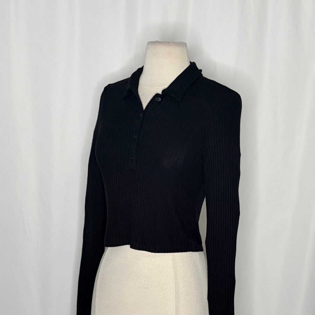 REFORMATION Rainey Crop Henley Ribbed Solid Black Cropped Collared X-Small