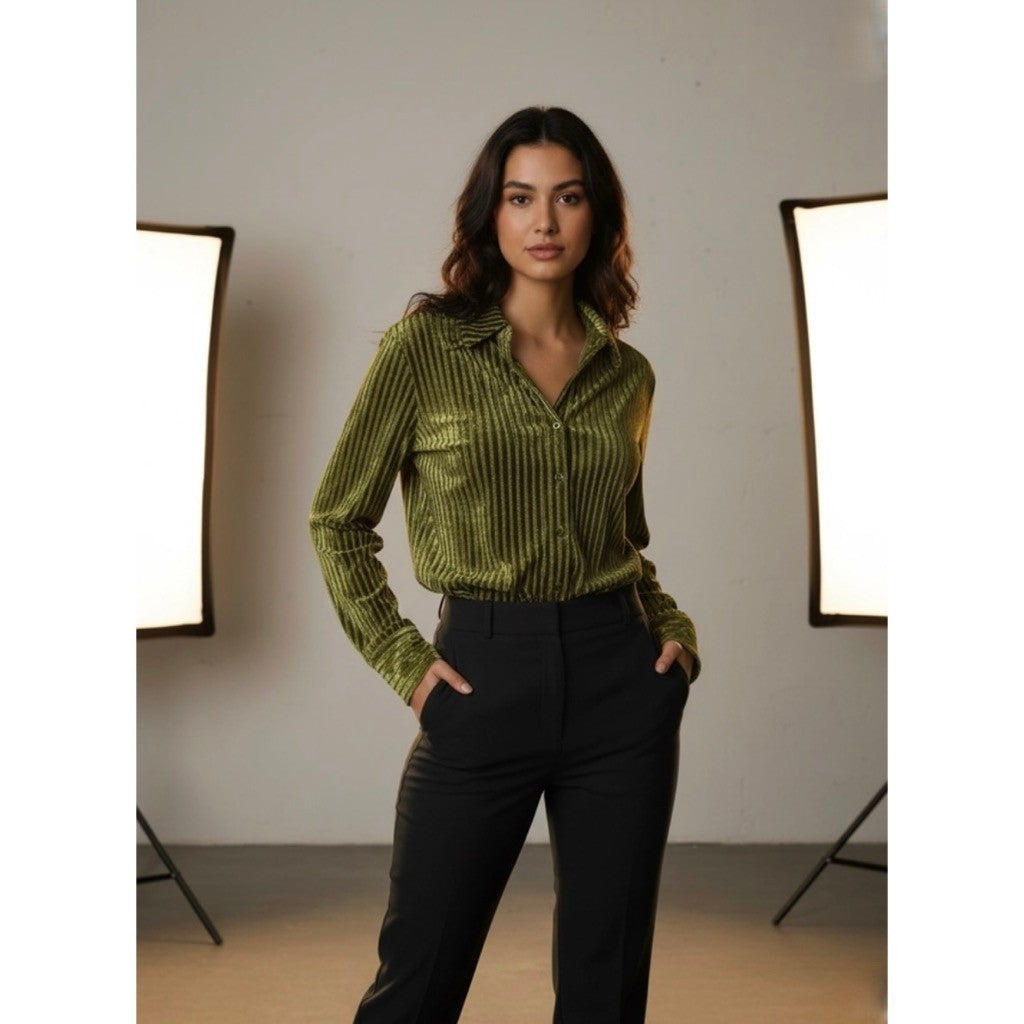 HOUSE OF HARLOW 1960 Green Velvet Stripe Buttondown Shirt Top Metallic Small