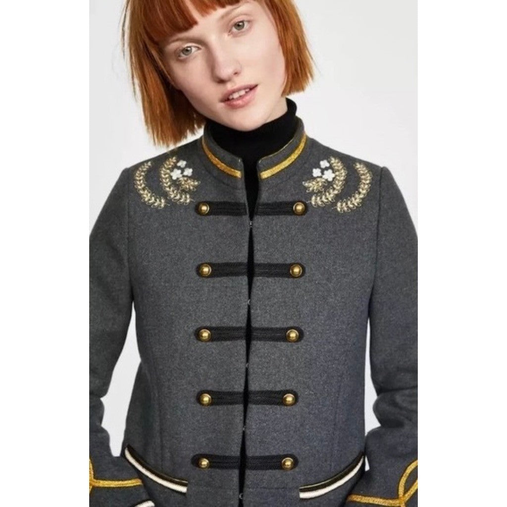 NWT!! ZARA Embroidered Military Jacket Charcoal Gray Gold Braid Buttons Large