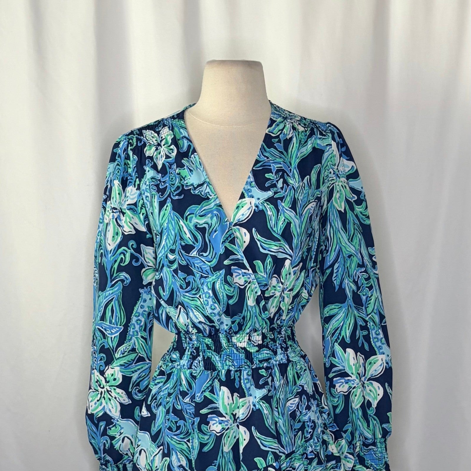 LILLY PULITZER Cristiana Dress High Tide Navy Take It Or Leaf It Smocked 0