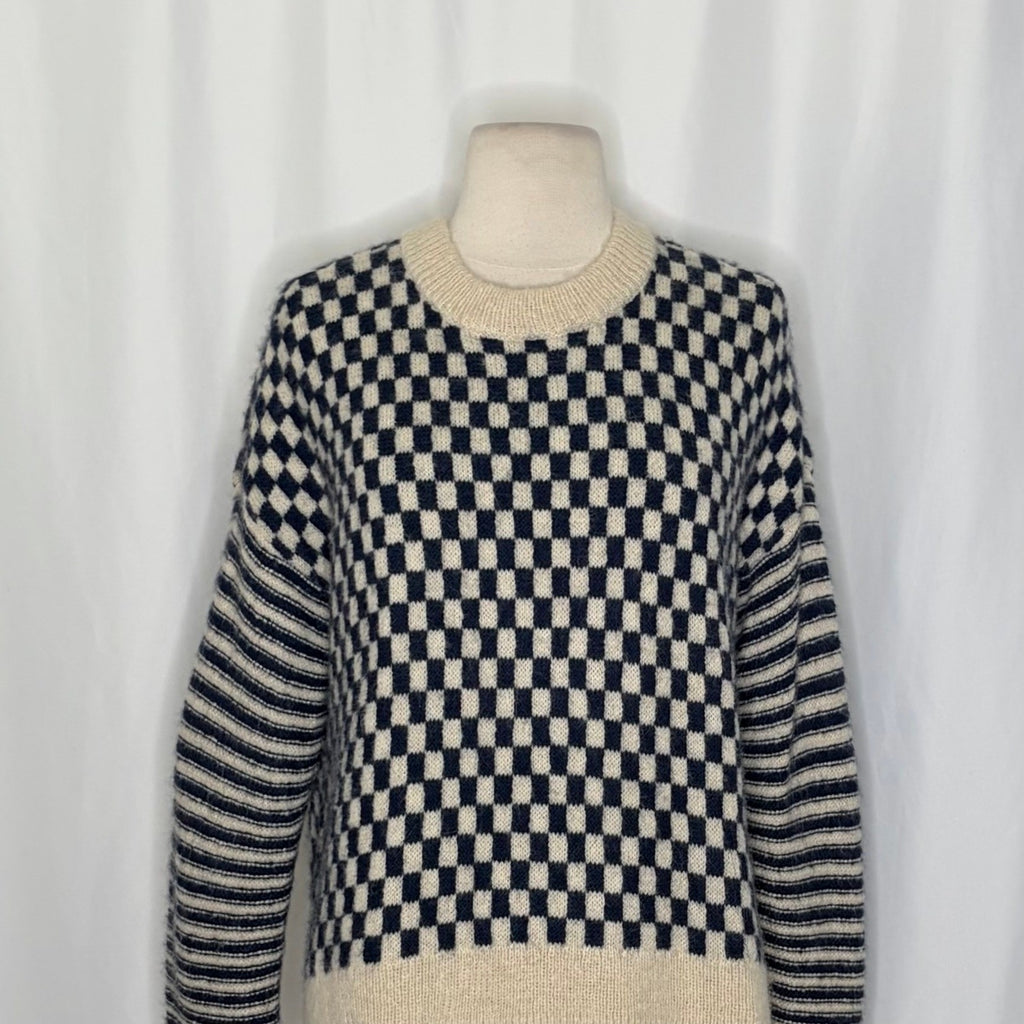 MADEWELL Crewneck Sweater Checked Stripe Classic Indigo Blue Ivory Knit Medium