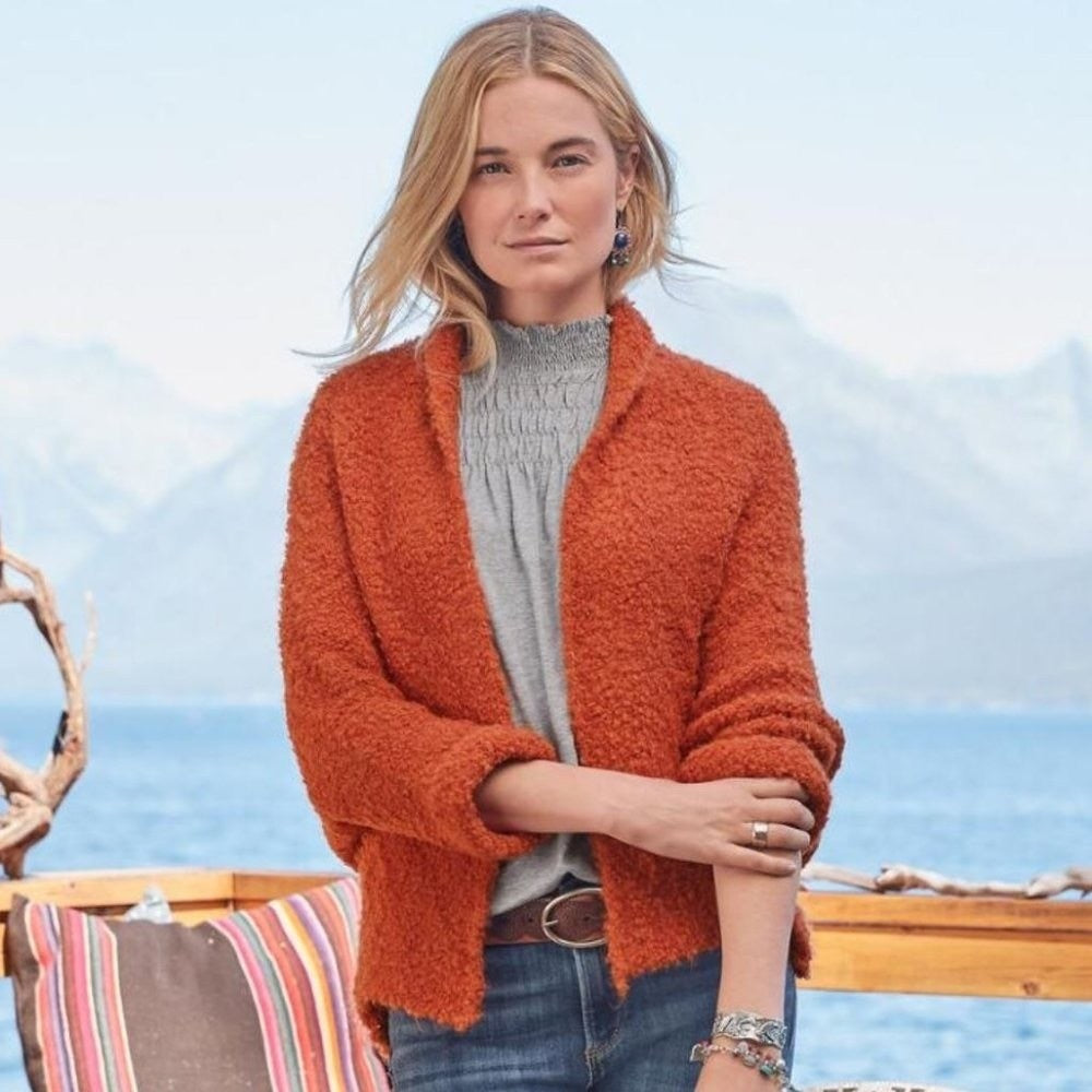SUNDANCE Laurel Breeze Cardigan Sweater Solid Orange Boucle Knit Wool Small