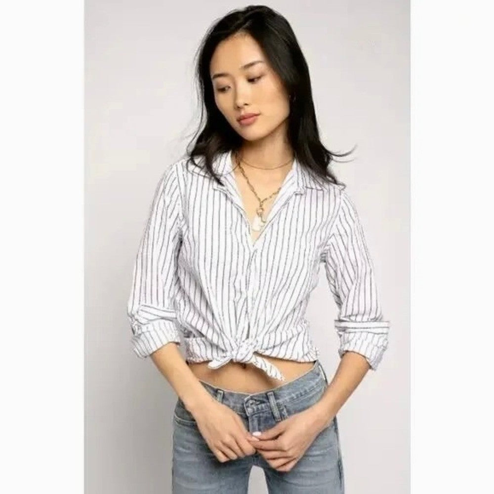 FRANK & EILEEN Crinkle Barry Buttondown Top Blouse White Blue Dotted Small