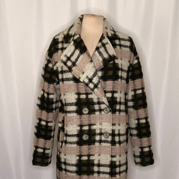 Anthropologie EVA FRANCO Dean Plaid Coat Wool Blend Pockets Double Breast Small