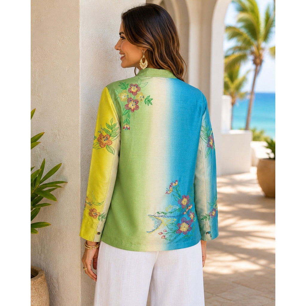 Vintage MARSH LANDING Embroidered Floral Islands Jacket Ombré Asian Medium