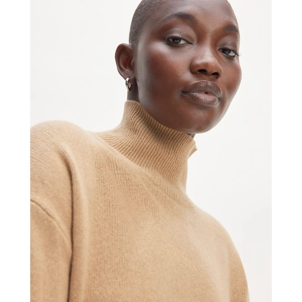 EVERLANE The ReCashmere Oversized Turtleneck Sweater Mock Neck Solid Tan Large