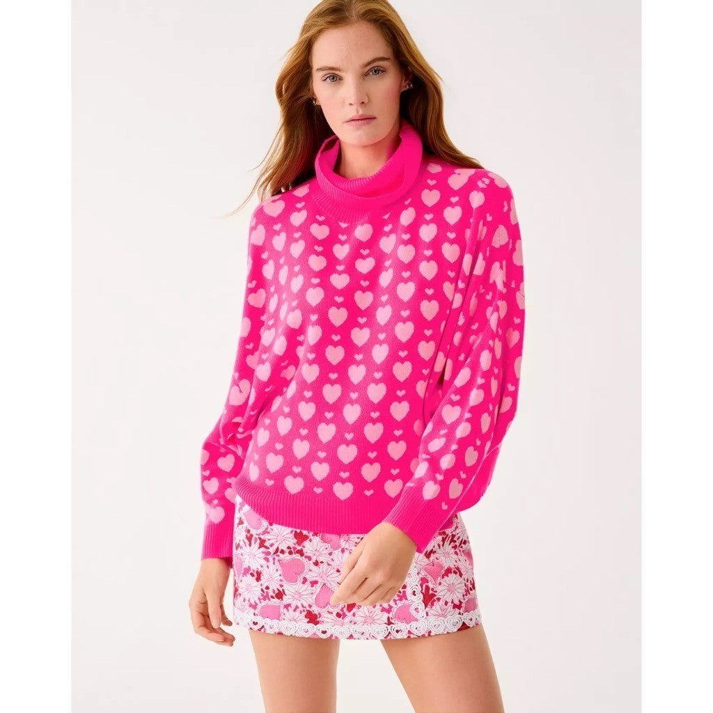 LILLY PULITZER Liggy Sweater Passion Fruit Pink Valentine Heart Jacquard Small