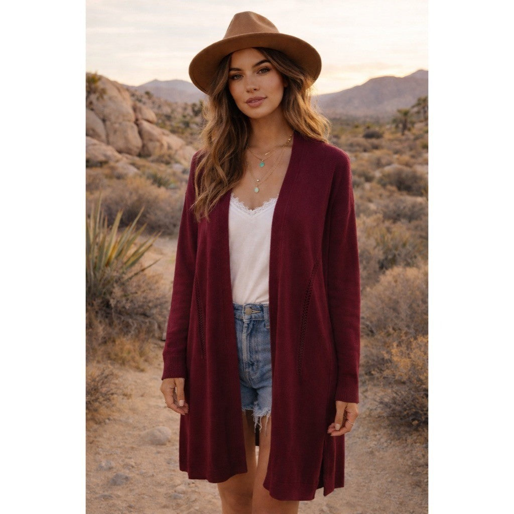 By ANTHROPOLOGIE Pointelle Long Cardigan Sweater Purple Burgundy Cottage Medium