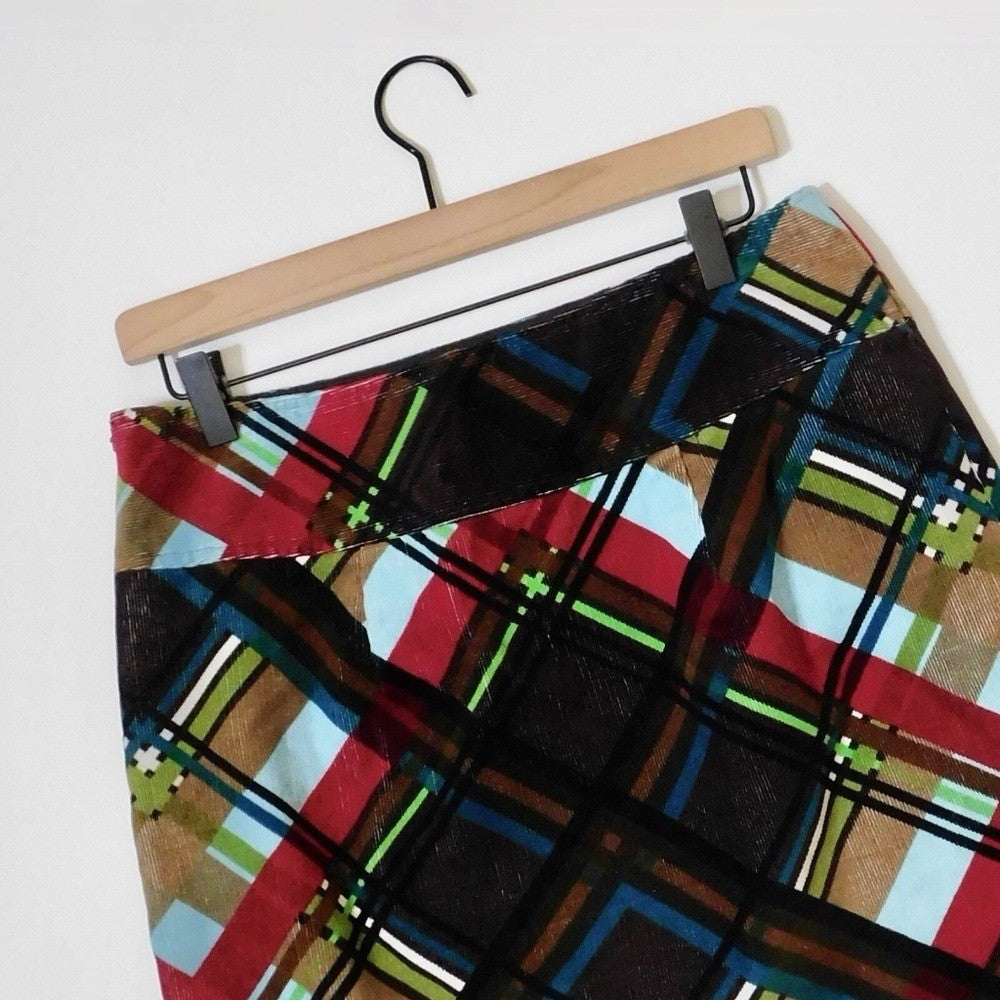 ETCETERA Corduroy Plaid Pencil Skirt Stretch Dark Academia Preppy College Size 8