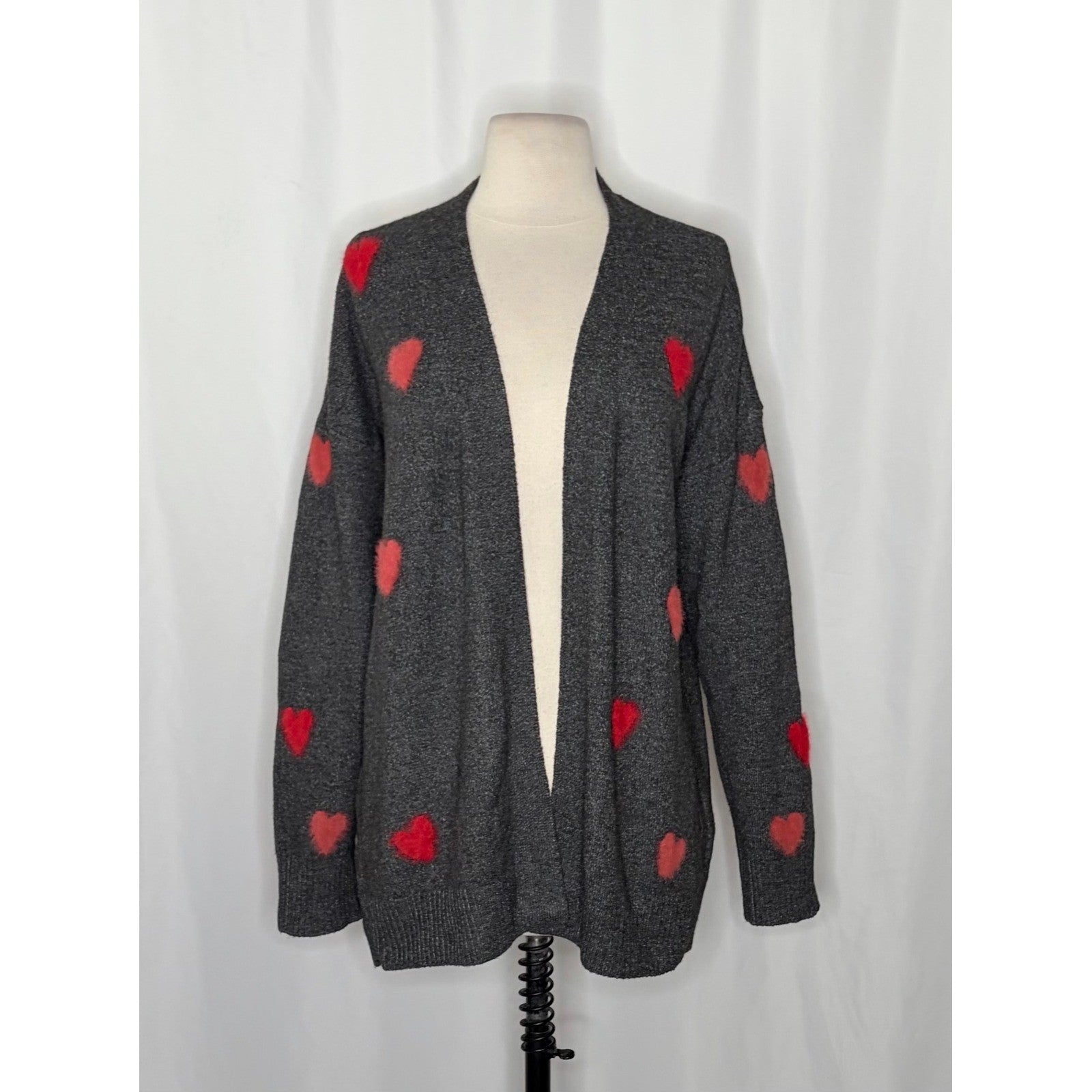 NWT!! CELEBRATE TOGETHER Heart Cardigan Sweater Grey Pink Red Hearts Large