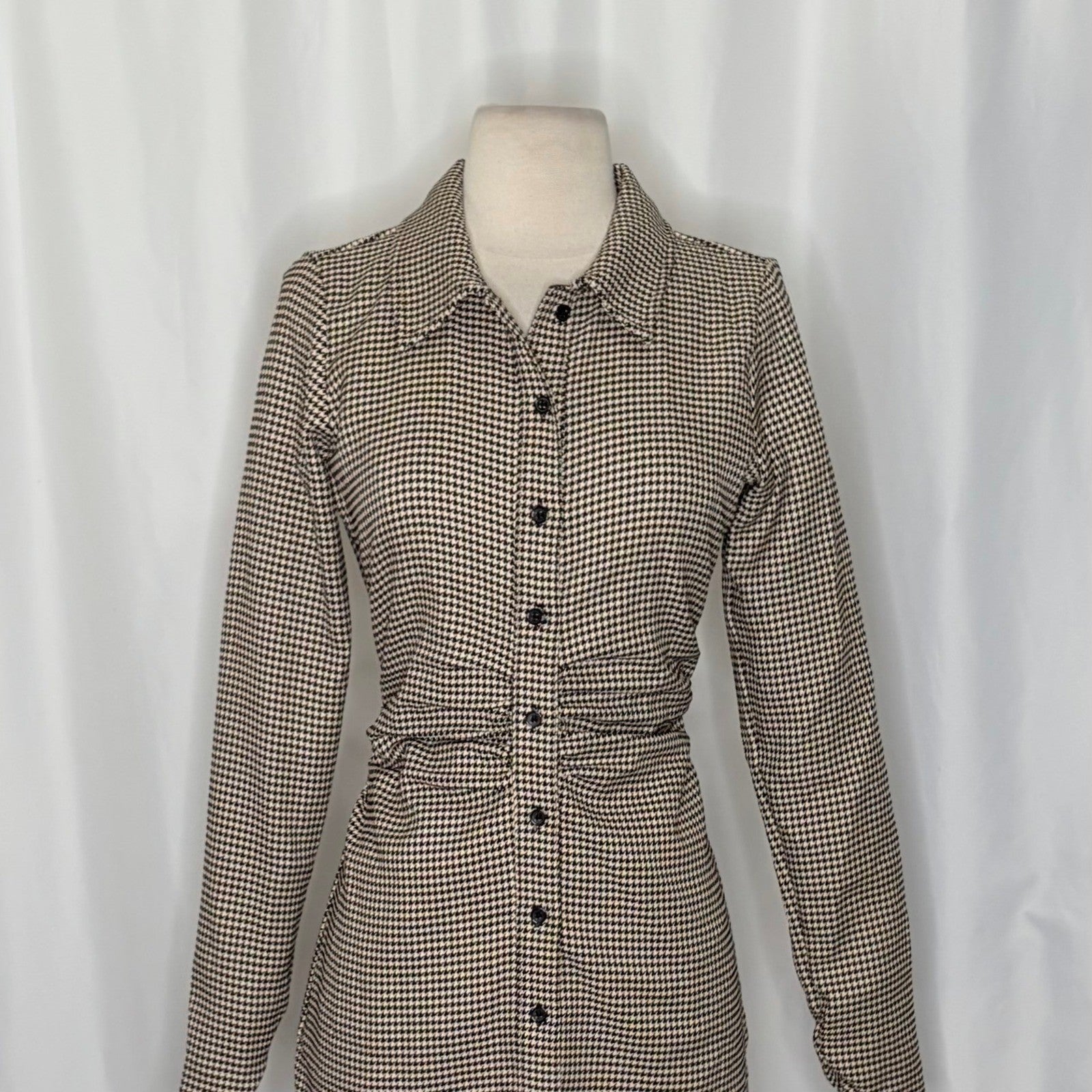 ZARA Houndstooth Black Tan Shirtdress Ruched Preppy Plaid Shirt Dress Medium